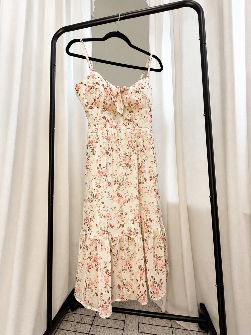 Floral Tie-Front Midi Sundress in Cream and Pink